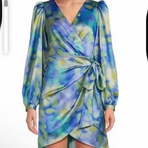 Badgley Mischka Elegant Blue and Green Wrap Style Dress